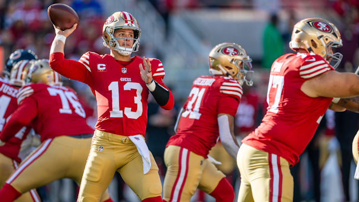 Dec 8, 2024; Santa Clara, California, USA; San Francisco 49ers quarterback Brock Purdy (13) throws a pass during the first quarter against the Chicago Bears at Levi's Stadium. Mandatory Credit: Bob Kupbens-Imagn Images