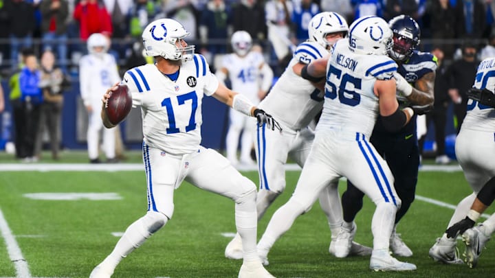 Dec 14, 2025; Seattle, Washington, USA; Indianapolis Colts quarterback Philip Rivers (17) passes against the Seattle Seahawks during the fourth quarter at Lumen Field. Mandatory Credit: Steven Bisig-Imagn Images Dec 14, 2025; Seattle, Washington, USA; Indianapolis Colts quarterback Philip Rivers (17) passes against the Seattle Seahawks during the fourth quarter at Lumen Field. Mandatory Credit: Steven Bisig-Imagn Images