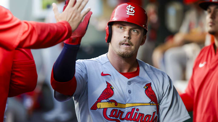 Sep 9, 2025; Seattle, Washington, USA; St. Louis Cardinals third baseman Nolan Gorman (16) high-fives teammates in the dugout after scoring a run against the Seattle Mariners during the second inning at T-Mobile Park. Mandatory Credit: Joe Nicholson-Imagn Images Sep 9, 2025; Seattle, Washington, USA; St. Louis Cardinals third baseman Nolan Gorman (16) high-fives teammates in the dugout after scoring a run against the Seattle Mariners during the second inning at T-Mobile Park. Mandatory Credit: Joe Nicholson-Imagn Images