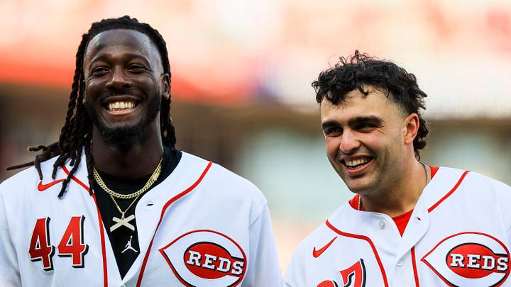 Mar 26, 2026; Cincinnati, Ohio, USA; Cincinnati Reds shortstop Elly de la Cruz (44) and first baseman Sal Stewart (27) walk off the field at the end of the sixth inning against the Boston Red Sox at Great American Ball Park. Mandatory Credit: Katie Stratman-Imagn Images Mar 26, 2026; Cincinnati, Ohio, USA; Cincinnati Reds shortstop Elly de la Cruz (44) and first baseman Sal Stewart (27) walk off the field at the end of the sixth inning against the Boston Red Sox at Great American Ball Park. Mandatory Credit: Katie Stratman-Imagn Images