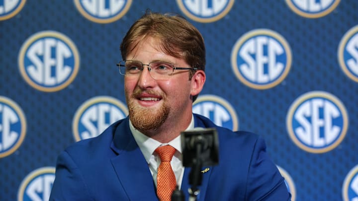 Jul 16, 2025; Atlanta, GA, USA; Florida State Gators offensive lineman Jake Slaughter answers questions from the media during the SEC Media Days at Omni Atlanta Hotel. Mandatory Credit: Jordan Godfree-Imagn Images