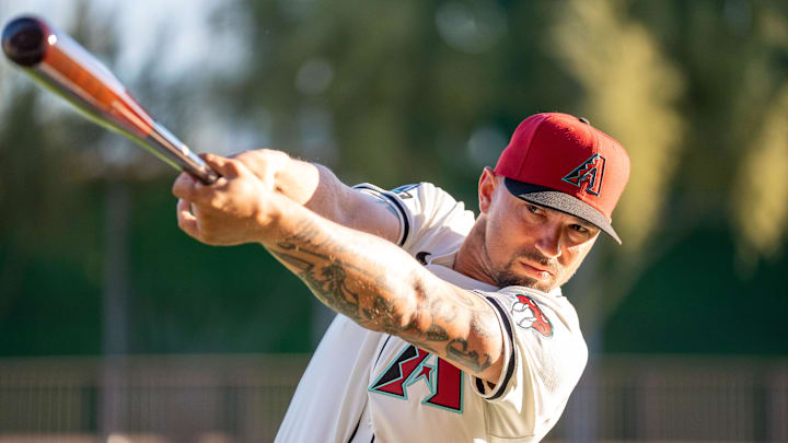 Feb 21, 2024; Scottsdale, AZ, USA; Arizona Diamondbacks infielder Jace Peterson (6) poses for a picture for MLB media day at Salt River Fields. Mandatory Credit: Allan Henry-Imagn Images