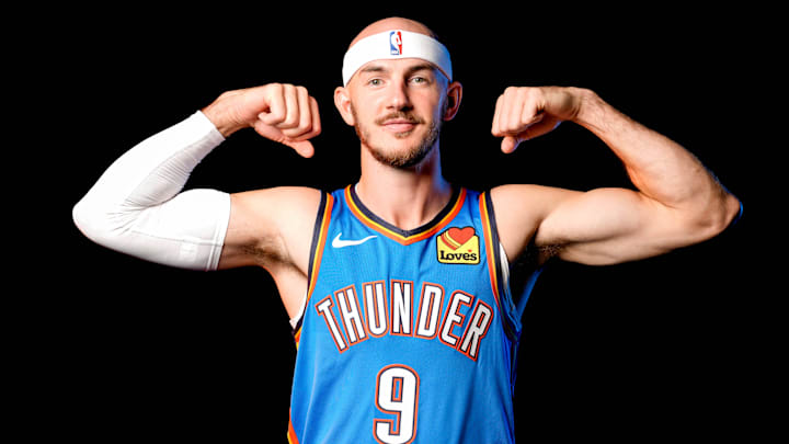 Alex Caruso is pictured during the Thunder media day at the Paycom Center in Oklahoma City, on Monday, Sept. 30, 2024.