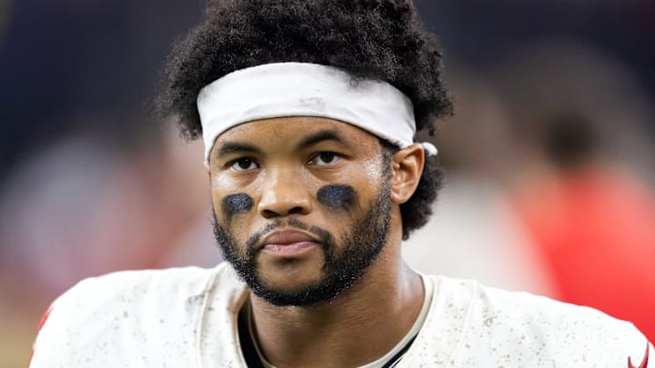 Sep 25, 2025; Glendale, Arizona, USA; Arizona Cardinals quarterback Kyler Murray (1) against the Seattle Seahawks at State Farm Stadium.