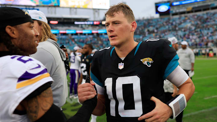 Jacksonville Jaguars quarterback Mac Jones (10) greets Minnesota Vikings cornerback Stephon Gilmore (2) after the game an NFL football matchup Sunday, Nov. 10, 2024 at Everbank Stadium in Jacksonville, Fla. The Vikings defeated the Jaguars 12-7. [Corey Perrine/Florida Times-Union]