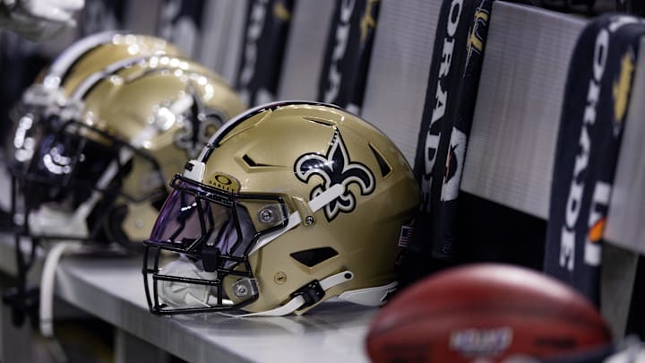 Nov 5, 2023; New Orleans, Louisiana, USA;  Detailed view of the New Orleans Saints helmets on the team bench against the Chicago Bears during the first half at the Caesars Superdome. Mandatory Credit: Stephen Lew-Imagn Images