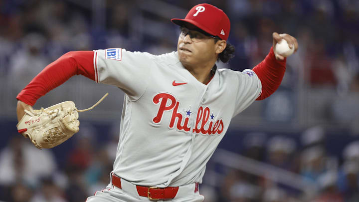 May 3, 2026; Miami, Florida, USA;  Philadelphia Phillies starting pitcher Jesus Luzardo (44) throws against the Miami Marlins during the first inning at loanDepot Park.
