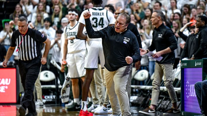 Michigan State's head coach Tom Izzo celebrates after a play during the game against Minnesota on Tuesday, Jan. 28, 2025, at the Breslin Center in East Lansing.