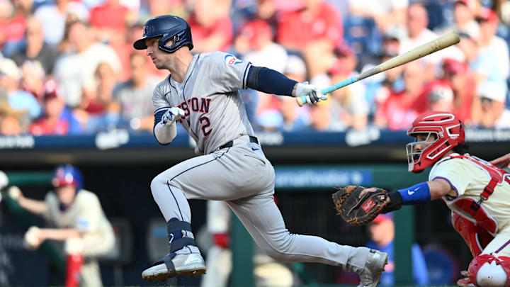 Aug 28, 2024; Philadelphia, Pennsylvania, USA; Houston Astros infielder Alex Bregman (2) hits a single against the Philadelphia Phillies in the third inning at Citizens Bank Park. Mandatory Credit: Kyle Ross-Imagn Images Aug 28, 2024; Philadelphia, Pennsylvania, USA; Houston Astros infielder Alex Bregman (2) hits a single against the Philadelphia Phillies in the third inning at Citizens Bank Park. Mandatory Credit: Kyle Ross-Imagn Images