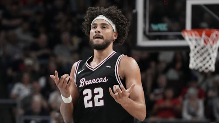 March 10, 2026; Las Vegas, NV, USA; Santa Clara Broncos forward Allen Graves (22) celebrates against the Gonzaga Bulldogs during the first half at Orleans Arena. Mandatory Credit: Kyle Terada-Imagn Images
