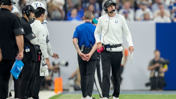 Indianapolis Colts head coach Shane Steichen challenges a play Sunday, Sept. 14, 2025, during a game against the Denver Broncos at Lucas Oil Stadium in Indianapolis.