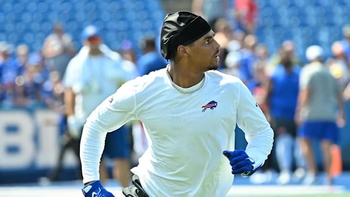 Aug 9, 2025; Orchard Park, New York, USA; Buffalo Bills wide receiver Keon Coleman (0) runs a pass route before a game against the New York Giants