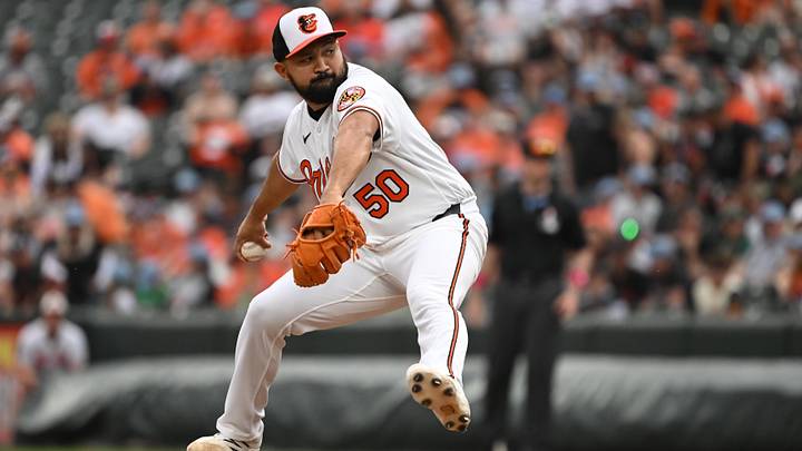 May 10, 2026; Baltimore, Maryland, USA; Baltimore Orioles pitcher Rico Garcia (50) throws a pitch against the Athletics during the ninth inning at Oriole Park at Camden Yards. Mandatory Credit: Rafael Suanes-Imagn Images