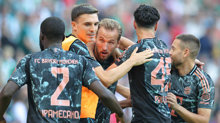 Harry Kane celebrating after scoring for Bayern Munich against Werder Bremen.