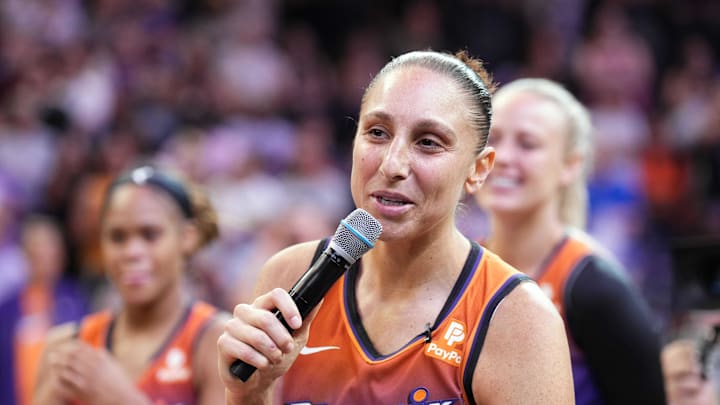 Aug 3, 2023; Phoenix, Arizona, USA; Phoenix Mercury guard Diana Taurasi (3) celebrates her 10,000 career point milestone with teammates after the game against the Atlanta Dream at Footprint Center. Mandatory Credit: Joe Camporeale-Imagn Images