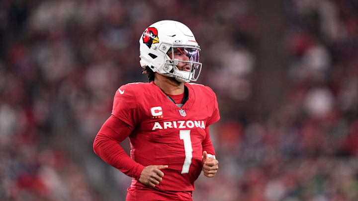 Jan 7, 2024; Glendale, Arizona, USA; Arizona Cardinals quarterback Kyler Murray (1) looks on against the Seattle Seahawks during the second half at State Farm Stadium. Mandatory Credit: Joe Camporeale-USA TODAY Sports