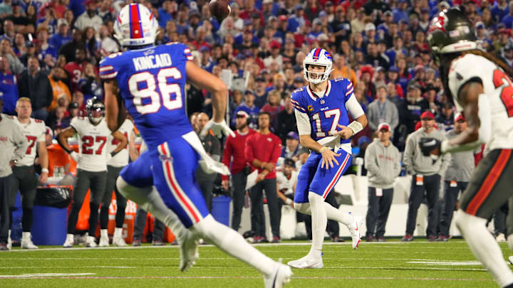 Oct 26, 2023; Orchard Park, New York, USA; Buffalo Bills quarterback Josh Allen (17) throws the ball to tight end Dalton Kincaid (86) during the first half against the Tampa Bay Buccaneers at Highmark Stadium. Mandatory Credit: Gregory Fisher-USA TODAY Sports