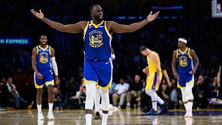 Oct 21, 2025; Los Angeles, California, USA; Golden State Warriors forward Draymond Green (23) reacts during the first half against the Los Angeles Lakers at Crypto.com Arena. Mandatory Credit: William Liang-Imagn Images Oct 21, 2025; Los Angeles, California, USA; Golden State Warriors forward Draymond Green (23) reacts during the first half against the Los Angeles Lakers at Crypto.com Arena. Mandatory Credit: William Liang-Imagn Images