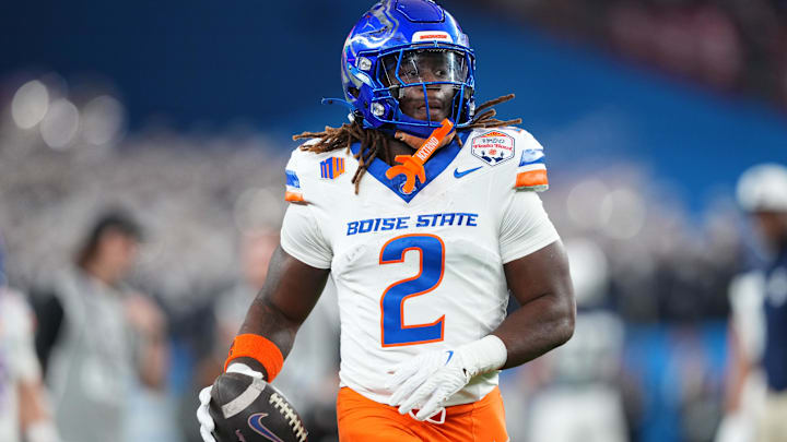 Dec 31, 2024; Glendale, AZ, USA; Boise State Broncos running back Ashton Jeanty (2) practices before the Fiesta Bowl against the Penn State Nittany Lions at State Farm Stadium. Mandatory Credit: Joe Camporeale-Imagn Images