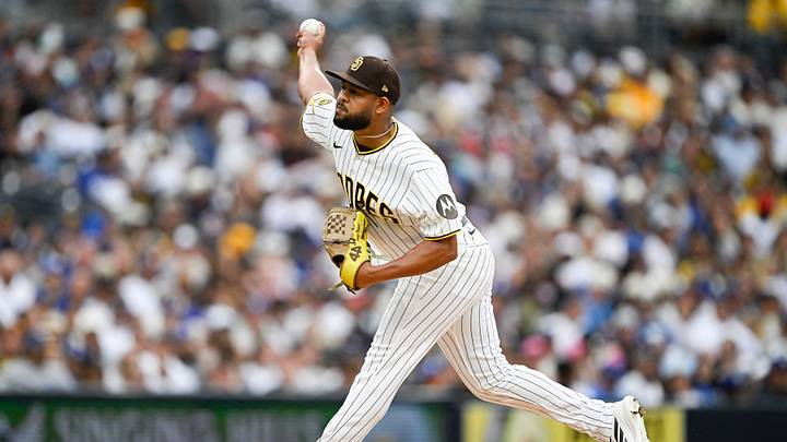 Jun 27, 2026; San Diego, California, USA; San Diego Padres pitcher Randy Vásquez (98) delivers during the third inning against the Los Angeles Dodgers at Petco Park. Mandatory Credit: Denis Poroy-Imagn Images Jun 27, 2026; San Diego, California, USA; San Diego Padres pitcher Randy Vásquez (98) delivers during the third inning against the Los Angeles Dodgers at Petco Park. Mandatory Credit: Denis Poroy-Imagn Images