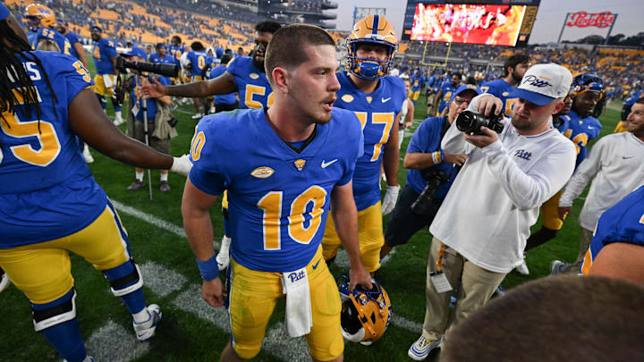 Sep 14, 2024; Pittsburgh, Pennsylvania, USA; Pittsburgh Panthers quarterback Eli Holstein (10) celebrates after defeating the West Virginia Mountaineers at Acrisure Stadium. Mandatory Credit: Barry Reeger-Image Images