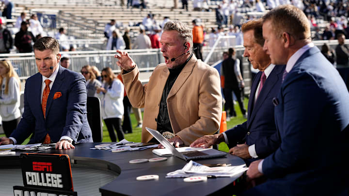 Pat McAfee mimics the lion roar sound effect through the PA system on the ESPN College Gameday set prior to the NCAA football game between the Penn State Nittany Lions and the Ohio State Buckeyes at Beaver Stadium in University Park, Pa. on Saturday, Nov. 2, 2024.