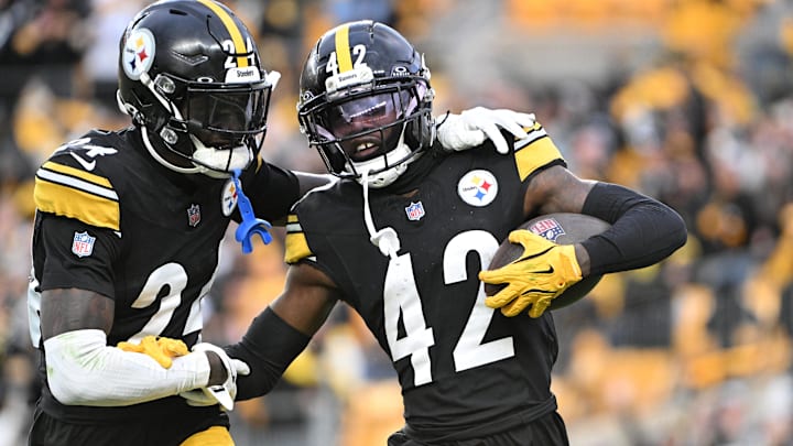 Nov 16, 2025; Pittsburgh, Pennsylvania, USA; Pittsburgh Steelers cornerback James Pierre (42) celebrates with cornerback Joey Porter Jr. (24) after scoring a touchdown against the Cincinnati Bengals during the fourth quarter at Acrisure Stadium. Mandatory Credit: Barry Reeger-Imagn Images