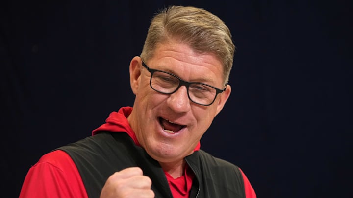 Feb 25, 2025; Indianapolis, IN, USA; Tampa Bay Buccaneers general manager Jason Licht speaks during the NFL Scouting Combine at the Indiana Convention Center. Mandatory Credit: Kirby Lee-Imagn Images