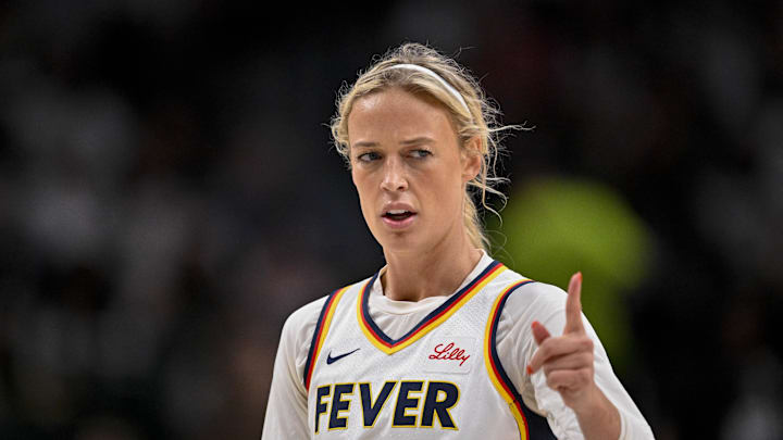 Aug 1, 2025; Dallas, Texas, USA; Indiana Fever guard Sophie Cunningham (8) in action during the game between the Dallas Wings and the Indiana Fever at the American Airlines Center. Mandatory Credit: Jerome Miron-Imagn Images