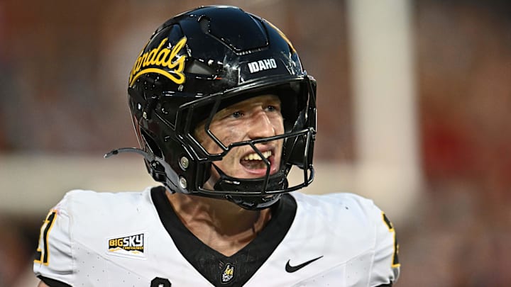 Aug 30, 2025; Pullman, Washington, USA; Idaho Vandals linebacker Dylan Layne (21) celebrates after a play against the Washington State Cougars in the first half at Gesa Field at Martin Stadium. Mandatory Credit: James Snook-Imagn Images