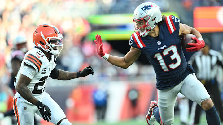 Oct 26, 2025; Foxborough, Massachusetts, USA; New England Patriots wide receiver Mack Hollins (13) runs with the ball against Cleveland Browns cornerback Denzel Ward (21) during the fourth quarter at Gillette Stadium. Mandatory Credit: Brian Fluharty-Imagn Images Oct 26, 2025; Foxborough, Massachusetts, USA; New England Patriots wide receiver Mack Hollins (13) runs with the ball against Cleveland Browns cornerback Denzel Ward (21) during the fourth quarter at Gillette Stadium. Mandatory Credit: Brian Fluharty-Imagn Images