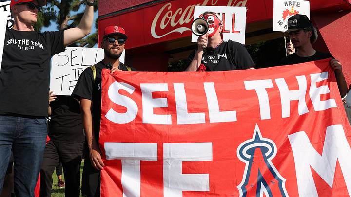 Angels fans gather outside Angel Stadium before the game between the Los Angeles Angels and the Texas Rangers to protest the Angels team owner Arte Moreno on May 23, 2026. Angels fans gather outside Angel Stadium before the game between the Los Angeles Angels and the Texas Rangers to protest the Angels team owner Arte Moreno on May 23, 2026.