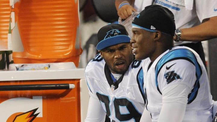 Aug 29, 2013; Charlotte, NC, USA; Carolina Panthers wide receiver Steve Smith (89) talks with quarterback Cam Newton (1) on the sideline during the game against the Pittsburgh Steelers at Bank Of America Stadium. Mandatory Credit: Sam Sharpe-Imagn Images