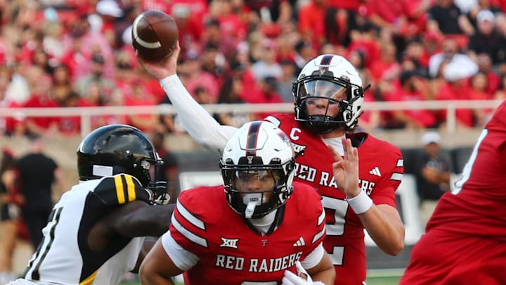 Aug 30, 2025; Lubbock, Texas, USA;  Texas Tech Red Raiders quarterback Behren Morton (2) passes against the Arkansas-Pine Bluff Golden Lions in the first half at Jones AT&T Stadium. Mandatory Credit: Michael C. Johnson-Imagn Images