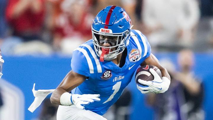 Jan 8, 2026; Glendale, AZ, USA; Mississippi Rebels wide receiver De'Zhaun Stribling (1) against the Miami Hurricanes during the 2026 Fiesta Bowl and semifinal game of the College Football Playoff at State Farm Stadium. Mandatory Credit: Mark J. Rebilas-Imagn Images Jan 8, 2026; Glendale, AZ, USA; Mississippi Rebels wide receiver De'Zhaun Stribling (1) against the Miami Hurricanes during the 2026 Fiesta Bowl and semifinal game of the College Football Playoff at State Farm Stadium. Mandatory Credit: Mark J. Rebilas-Imagn Images