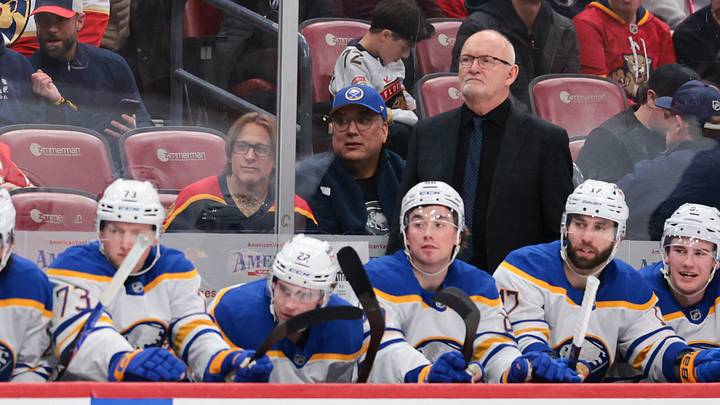 Feb 2, 2026; Sunrise, Florida, USA; Buffalo Sabres head coach Lindy Ruff looks on from the bench against the Florida Panthers during the third period at Amerant Bank Arena. Mandatory Credit: Sam Navarro-Imagn Images Feb 2, 2026; Sunrise, Florida, USA; Buffalo Sabres head coach Lindy Ruff looks on from the bench against the Florida Panthers during the third period at Amerant Bank Arena. Mandatory Credit: Sam Navarro-Imagn Images