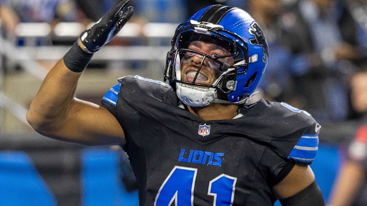 Detroit Lions linebacker Anthony Pittman (41) runs back to the sidelines after the kickoff to the Minnesota Vikings during the second half at Ford Field.