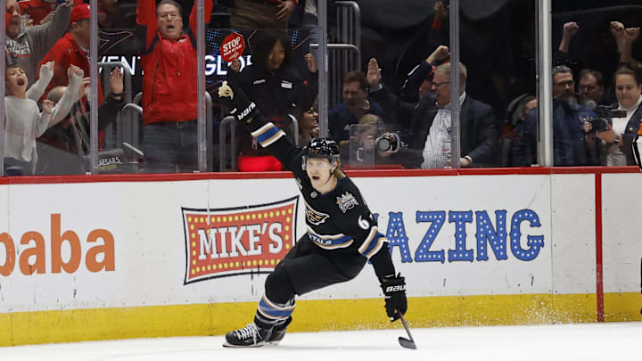 Nov 29, 2024; Washington, District of Columbia, USA; Washington Capitals defenseman Jakob Chychrun (6) celebrates after scoring the game-winning overtime goal against the New York Islanders at Capital One Arena. Mandatory Credit: Geoff Burke-Imagn Images