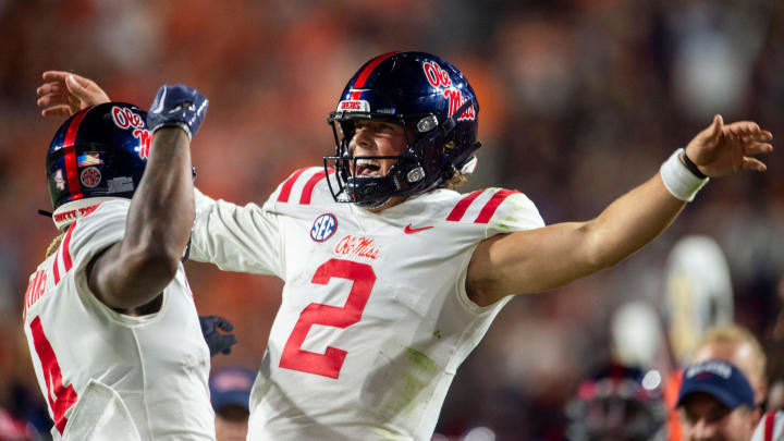 Mississippi Rebels running back Quinshon Judkins (4) and quarterback Jaxson Dart (2) celebrate Dart's touchdown run in the first quarter Auburn Tigers take on Mississippi Rebels at Jordan-Hare Stadium in Auburn, Ala., on Saturday, Oct. 21, 2023. Mississippi Rebels running back Quinshon Judkins (4) and quarterback Jaxson Dart (2) celebrate Dart's touchdown run in the first quarter Auburn Tigers take on Mississippi Rebels at Jordan-Hare Stadium in Auburn, Ala., on Saturday, Oct. 21, 2023.