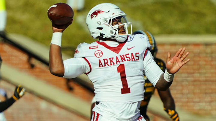 Dec 5, 2020; Columbia, Missouri, USA; Arkansas Razorbacks quarterback KJ Jefferson (1) throws a pass