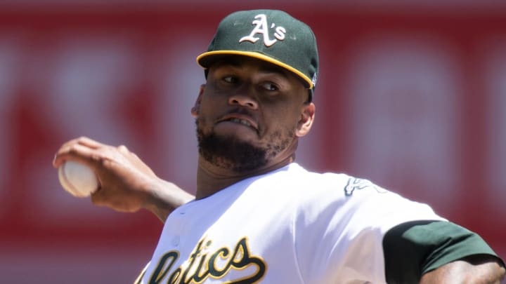Jun 23, 2022; Oakland, California, USA; Oakland Athletics starting pitcher Frankie Montas (47) delivers a pitch against the Seattle Mariners during the second inning at RingCentral Coliseum. Mandatory Credit: D. Ross Cameron-Imagn Images Jun 23, 2022; Oakland, California, USA; Oakland Athletics starting pitcher Frankie Montas (47) delivers a pitch against the Seattle Mariners during the second inning at RingCentral Coliseum. Mandatory Credit: D. Ross Cameron-Imagn Images