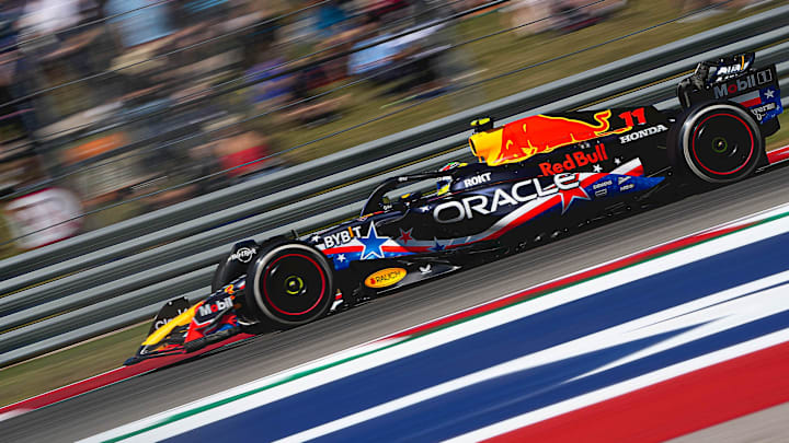 Oracle Red Bull Racing driver Sergio Perez rounds turn 17 during the first F1 practice at Circuit of
