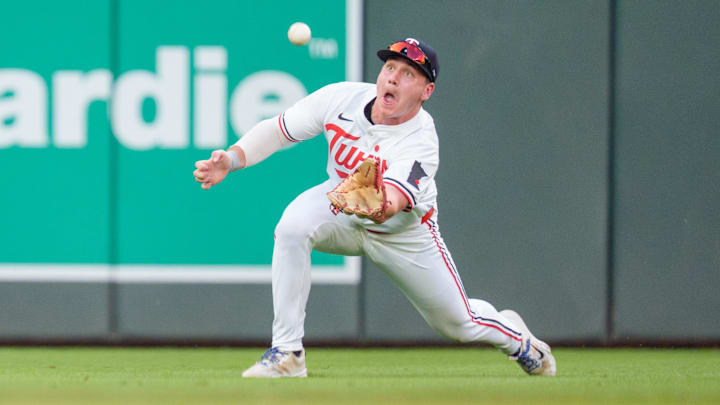 Aug 9, 2025; Minneapolis, Minnesota, USA; Minnesota Twins left fielder Alan Roden (19) catches a ball hit by Kansas City Royals first base Vinnie Pasquantino (not pictured) in the sixth inning at Target Field. Mandatory Credit: Matt Blewett-Imagn Images Aug 9, 2025; Minneapolis, Minnesota, USA; Minnesota Twins left fielder Alan Roden (19) catches a ball hit by Kansas City Royals first base Vinnie Pasquantino (not pictured) in the sixth inning at Target Field. Mandatory Credit: Matt Blewett-Imagn Images