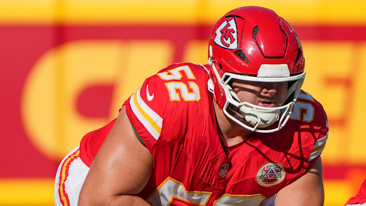 Nov 23, 2025; Kansas City, Missouri, USA; KKansas City Chiefs center Creed Humphrey (52) on field against the Indianapolis Colts during the game at GEHA Field at Arrowhead Stadium. Mandatory Credit: Denny Medley-Imagn Images