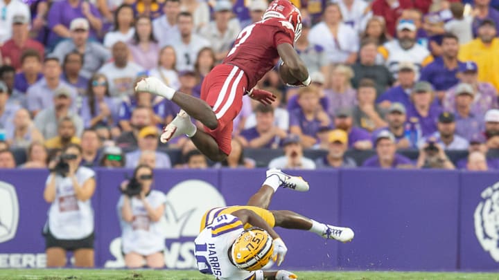 Arkansas running back Rashod Dubinion makes a catch as the LSU Tigers take on the Arkansas Razorbacks at Tiger Stadium in Baton Rouge, Louisiana, Sept. 23, 2023. Arkansas running back Rashod Dubinion makes a catch as the LSU Tigers take on the Arkansas Razorbacks at Tiger Stadium in Baton Rouge, Louisiana, Sept. 23, 2023.