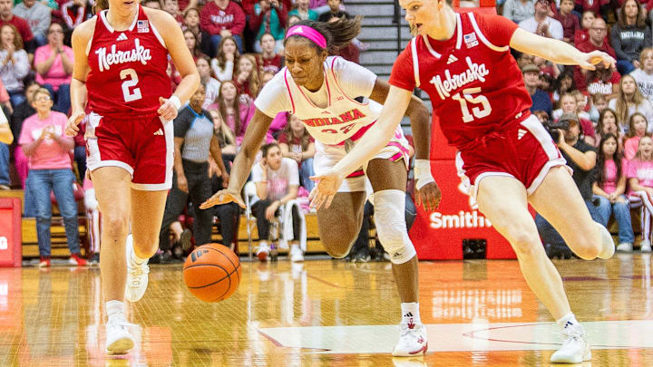 Indiana's Chloe Moore-McNeil (22) steals the ball from Nebraska's Kendall Moriarty (15) during the Indiana versus Nebraska women's basketball game at Simon Skjodt Assembly Hall on Sunday, Feb. 2, 2025.