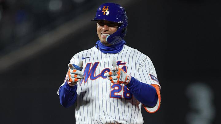 Apr 9, 2026; New York City, New York, USA; New York Mets center fielder Tyrone Taylor (28) reacts after a double during the fifth inning against the Arizona Diamondbacks at Citi Field. Mandatory Credit: Vincent Carchietta-Imagn Images