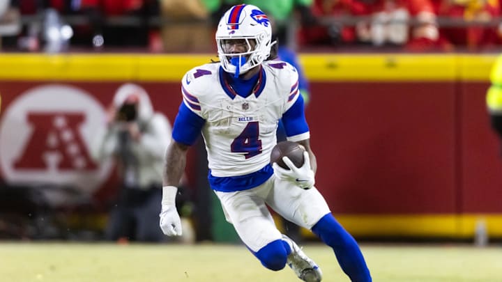 Jan 26, 2025; Kansas City, MO, USA; Buffalo Bills running back James Cook (4) against the Kansas City Chiefs during the AFC Championship game at GEHA Field at Arrowhead Stadium