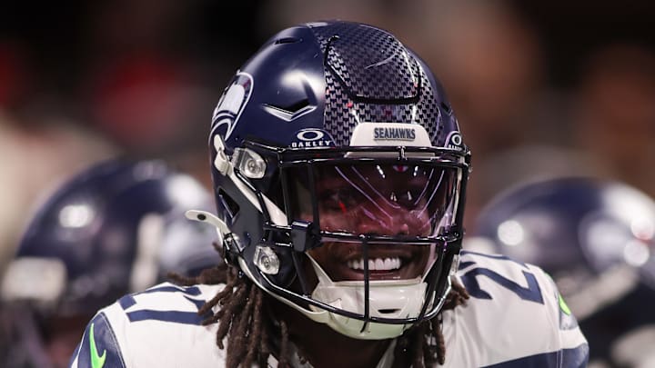 Seattle Seahawks cornerback Riq Woolen in action against the Atlanta Falcons. Seattle Seahawks cornerback Riq Woolen in action against the Atlanta Falcons.