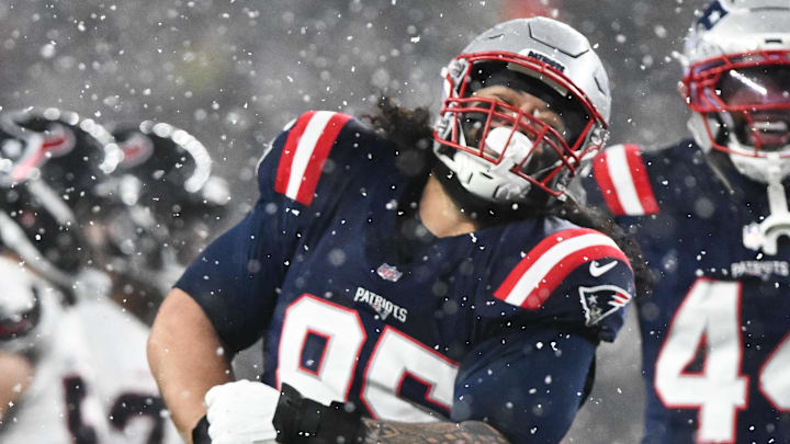 Jan 18, 2026; Foxborough, MA, USA; New England Patriots defensive lineman Khyiris Tonga (95) celebrates a sack in the fourth quarter against the New England Patriots in an AFC Divisional Round game at Gillette Stadium. Mandatory Credit: Brian Fluharty-Imagn Images